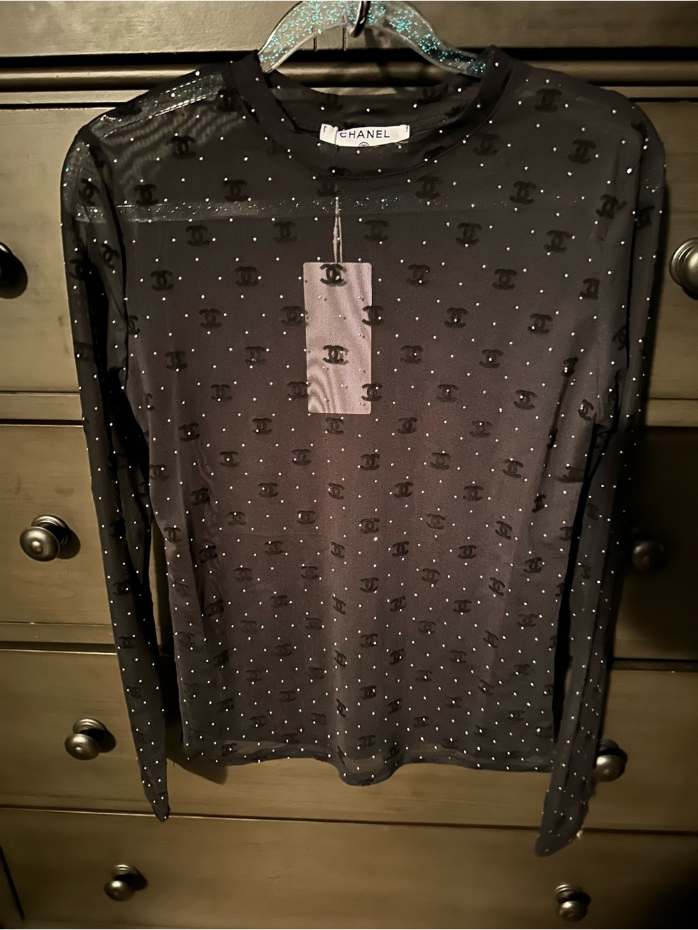 Black Crystal-Embellished Sheer long sleeve shirt Bodysuit
